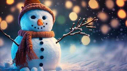 Um boneco de neve com luz azulada em uma noite gelada com luzes em bokeh.