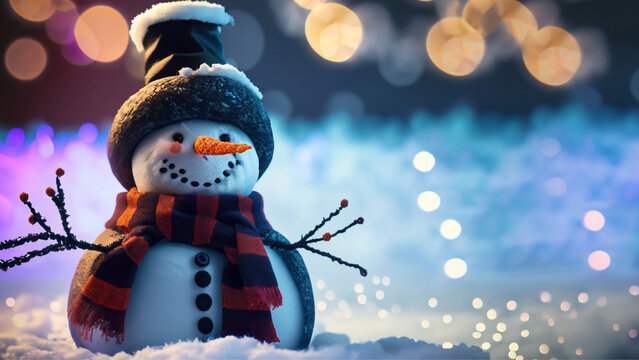 Um boneco de neve com luz azulada em uma noite gelada com luzes em bokeh.