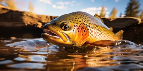 A beautiful image capturing a large brown trout swimming gracefully in a river. Perfect for nature enthusiasts and fishing enthusiasts alike - obrazy, fototapety, plakaty
