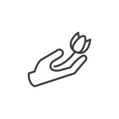 Hand give tulip flower line icon