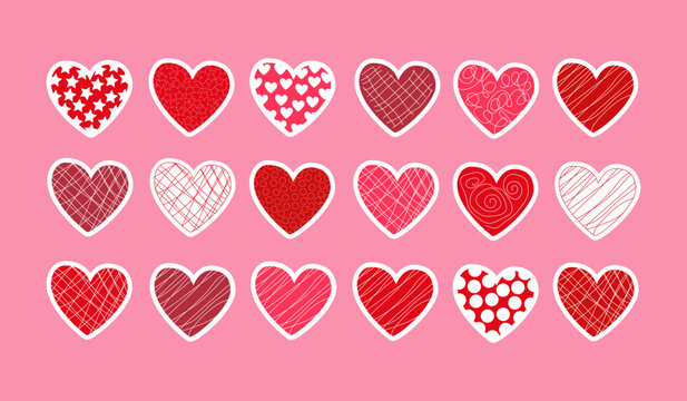 Set of stickers - red, pink and purple candy hearts with icing and patterns. Vector elements for design and decoration for the holidays: Valentine's Day, wedding, birthday, engagement.