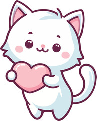 White Cat Holding Pink Heart