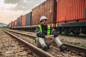 Foreman checking inventory or task details on freight train cars and shipping containers. Logistics...