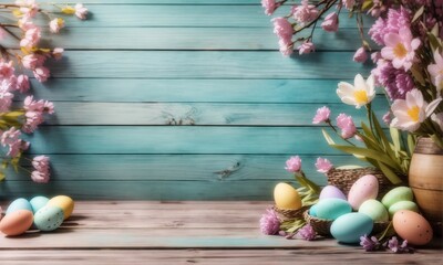 Empty wooden table background - easter spring theme 