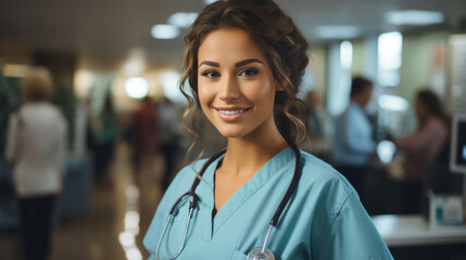 Portrait of smiling young female doctor or young nurse wearing blue scrubs uniform and stethoscope and standing with arms crossed while looking at camera 