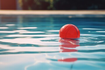A red ball floating in a pool of water. Can be used to represent leisure, relaxation, or summer activities