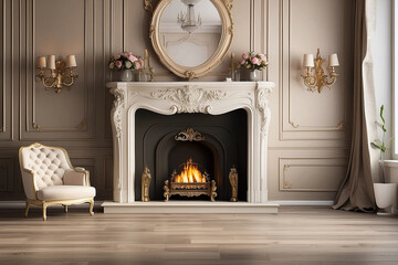 Interior of a classic living room with a fireplace and an armchair