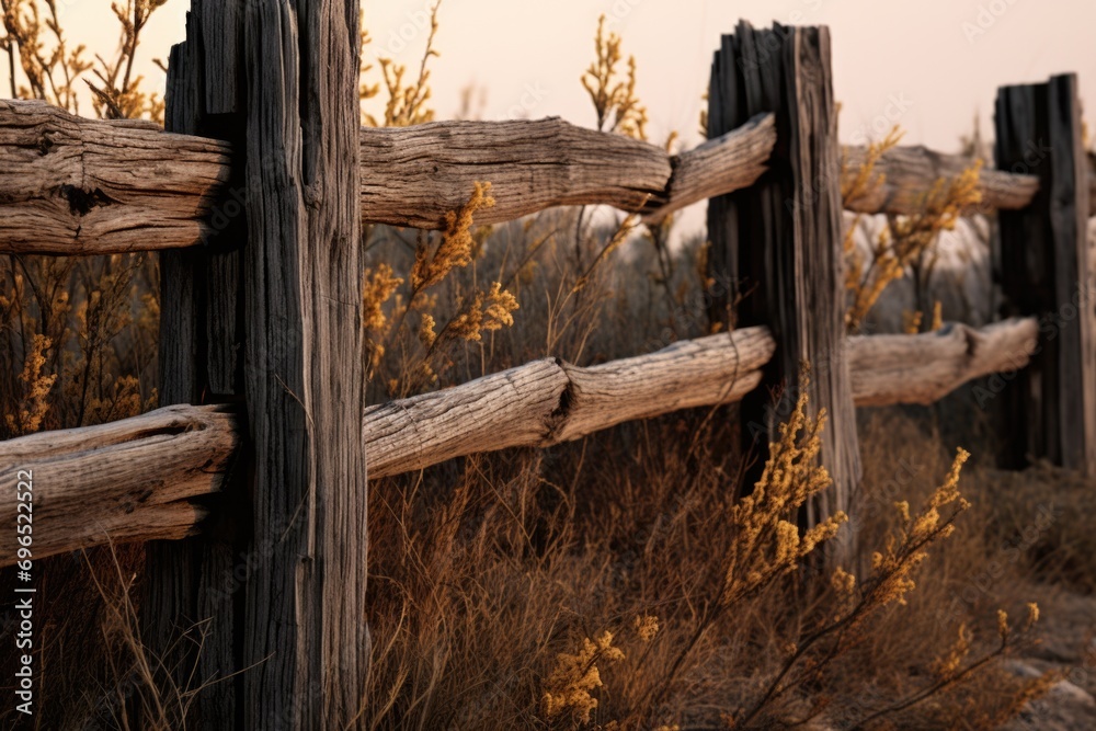 Poster a picture of a wooden fence standing in the middle of a field. this image can be used to depict rura