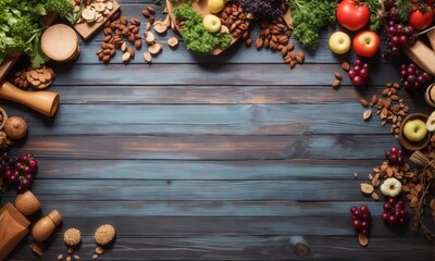 Empty wooden table background - healthy theme, top view 