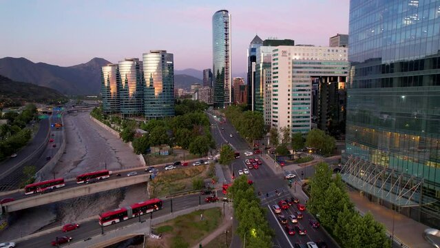 Beautiful aerial footage of the city of Santiago de Chile, the Mapocho River, the Costanera Center and the mall
