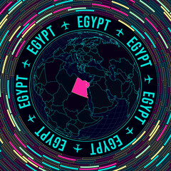 Egypt on globe. Satellite view of the world centered on Egypt. Bright neon style. Futuristic radial bricks background. Amazing vector illustration.