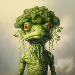 Fototapeta premium Broccoli-frog. Cartoon charachter. Portrait frog with broccoli on her head.