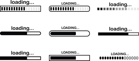 Load indicator. Loading status bar, download progress and line upload or file transfer waiting bars vector symbols set. Line visualization elements collection