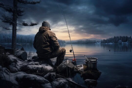 A man is sitting on a rock, holding a fishing rod. This image can be used to depict relaxation, fishing, outdoor activities, or enjoying nature