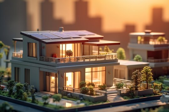 A model of a house featuring solar panels on the roof. This versatile image can be used to showcase sustainable energy, eco-friendly architecture, or renewable technology concepts
