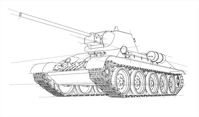 Soviet medium tank during World War II. Tank blueprint. Coloring page. Line drawing. Coloring book for children.	