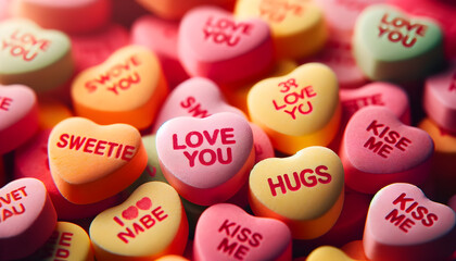 A close-up view of colorful candy hearts with Valentine's messages on them. The candies are in soft pastel colors like pink, yellow, green, and blue.  - obrazy, fototapety, plakaty