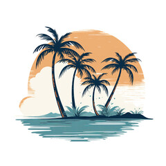 T-shirt design of beach with palm trees logo, white background - obrazy, fototapety, plakaty