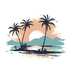 T-shirt design of beach with palm trees logo, white background