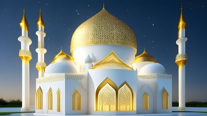 3d illustration of white mosque with golden domes at night. - obrazy, fototapety, plakaty