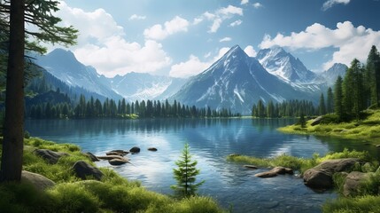A lake situated in the mountains. - obrazy, fototapety, plakaty