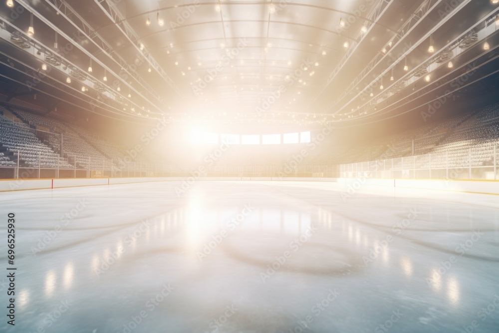 Sticker An empty ice rink with lights shining on it. Suitable for winter sports or festive holiday themes