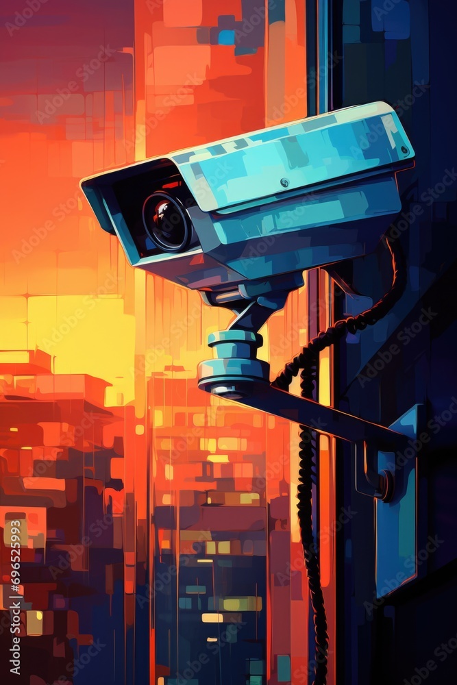 Poster A camera mounted on the side of a building, providing a surveillance solution. Ideal for monitoring activities and enhancing security
