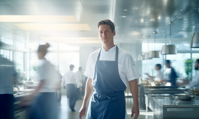 Candid portrait of chef in busy professional restaurant kitchen - obrazy, fototapety, plakaty