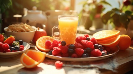 A table adorned with plates of fresh, vibrant fruits and a glass of refreshing orange juice. This image can be used to depict a healthy and nutritious breakfast or a vibrant summer snack