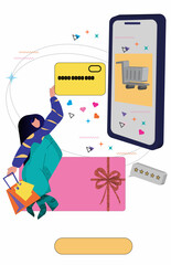 Person shopping online, ordering products and gifts from shops and stores from internet. Vector flat character with phone and shopping bag ordering and purchasing items from web, online.