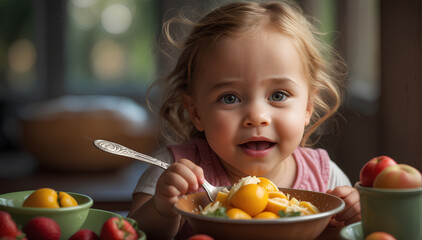 Cute little girl with a spoon trying to eat by herself. Upbringing, growing up, independence concepts. - Powered by Adobe