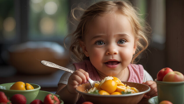 Cute Little Girl With A Spoon Trying To Eat By Herself. Upbringing, Growing Up, Independence Concepts.