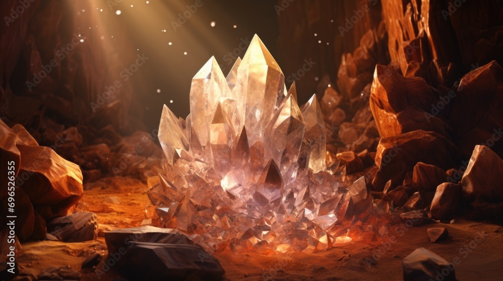 Poster a very large crystal in a dark room. can be used as a symbol of mystery or as a decorative element i
