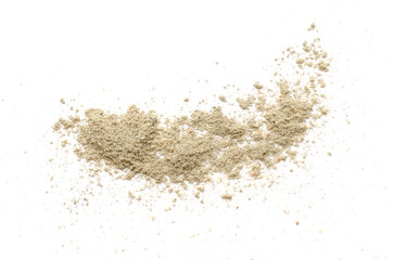 Gray cement powder isolated on white background, top view. Pile of gray cement powder on a white...