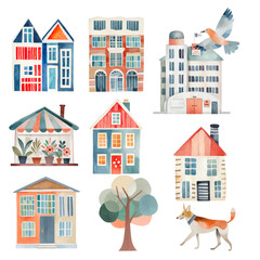 Cute watercolor houses / buildings, vector graphic resources, set / collection