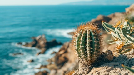 On the edge of the ocean sea with small waves in the background there is a large cactus with thorns growing on the cliff. - obrazy, fototapety, plakaty