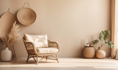 Empty beige wall mockup in boho room interior with wicker armchair and vase. Natural daylight from a window. Promotion background 