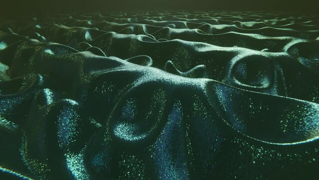 Abstract 3D fractal animation of fluid liquid flow luxury shiny glamour glitter texture green cloth deformation seamless loop 4K 30 fps video