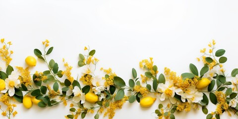 Fototapeta premium Yellow Flowers and Eucalyptus Leaves Pattern in Flat Lay