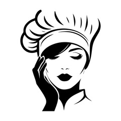 minimal beautiful female chef face vector silhouette, silhouette, black color, white background