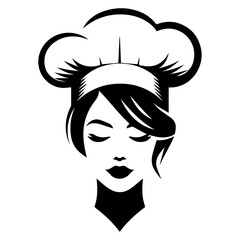 minimal beautiful female chef face vector silhouette, silhouette, black color, white background