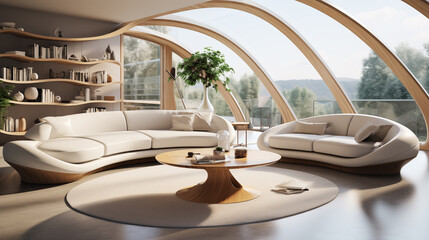 Photo of an interior with furniture with organic, curved forms, radial balance to a room, arranging furniture into a spiral layout