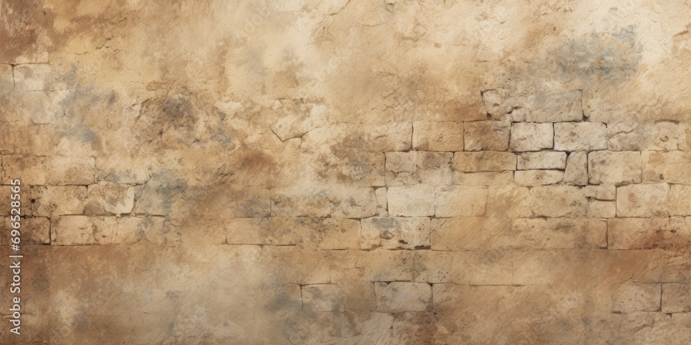 Poster an image of an old stone wall with a red fire hydrant in front of it. this picture can be used to de