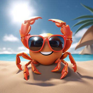 Caranguejo usando óculos escuros na areia de praia com o mar ao fundo em um dia ensolarado - Ilustração de personagem infantil fofo 3D