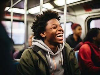 Young high school student laughing on the train - obrazy, fototapety, plakaty