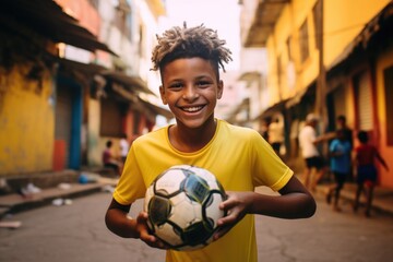 Portrait of a young boy with soccer ball in the Brazilian slums - obrazy, fototapety, plakaty