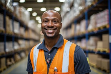 Smiling portrait of young man in warehouse