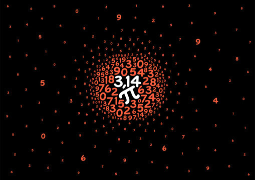round pi number and symbol on black background. pi number, pi symbol and scattered numbers