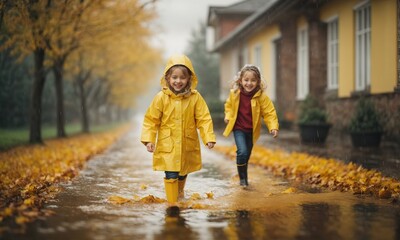 Happy smiling children in yellow raincoat and rain boots running in puddle an autumn walk 
