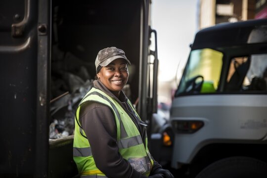 Portrait of smiling woman sanitation worker by garbage truck
